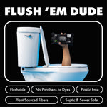 Ad-style image of a toilet with an arm rising from the bowl holding a pack of DUDE Wipes and product benefit badges below.