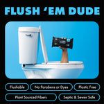Toilet scene promo with a hand emerging from toilet holding a pack of DUDE Wipes and product benefit icons below