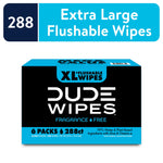 Boxed DUDE Wipes fragrance-free XL flushable wipes showing black and blue 6-pack retail box