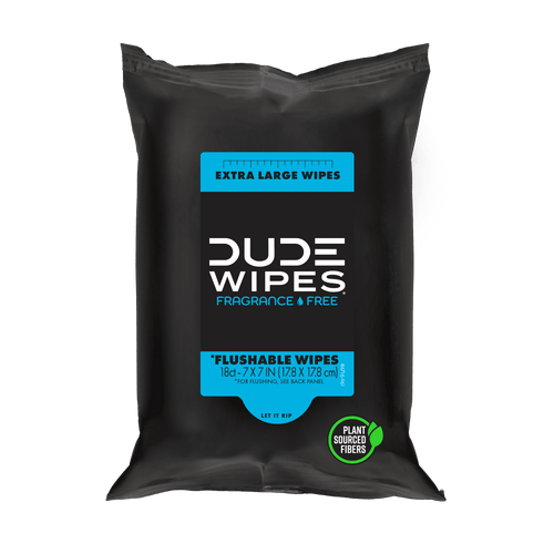Front-facing black Dude Wipes resealable pack showing Extra Large Flushable Wipes blue label and plant-sourced fibers icon