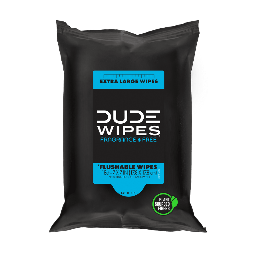 Front-facing black Dude Wipes resealable pack showing Extra Large Flushable Wipes blue label and plant-sourced fibers icon