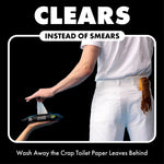 Graphic ad showing a person in white pants, a hand offering DUDE WIPES pack and bold headline about clearing smears