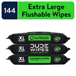 Stacked three black DUDE Wipes herbal relief XL packages with green label and 'Extra Large Flushable Wipes' banner above.