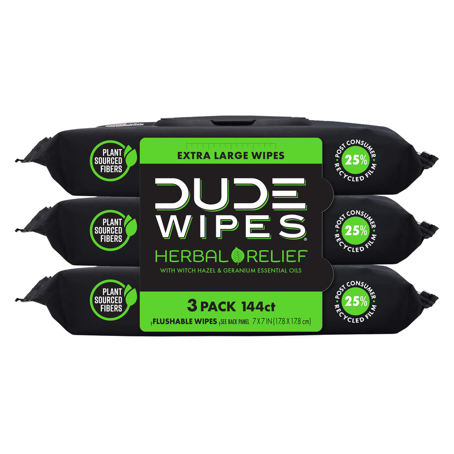 Three-pack bundle of DUDE Wipes Herbal Relief in black packaging with green label shown in a studio white background.
