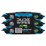 Rear-view three-pack of DUDE Wipes MentHole XL flushable wipes packaging showing barcode and product back panel elements.