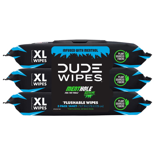 Three-pack of DUDE Wipes MentHole XL flushable wipes shown front-on with black packaging and blue-green graphics.