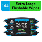 Stacked three-pack of DUDE Wipes MentHole XL flushable wipes in black packaging with green accents and XL label.