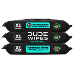 Stacked trio of black DUDE Wipes Mint Chill packages showing XL wipes badge and central brand label