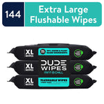Three stacked black DUDE Wipes Mint Chill packages with teal label touting XL flushable wipes and 144 count banner