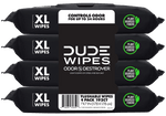 Four stacked black DUDE WIPES Odor Destroyer XL packs with visible brand label and plant-sourced fibers badge