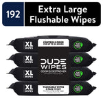 Stacked black packs of DUDE WIPES Odor Destroyer XL flushable wipes with central brand label