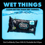 DUDE Wipes pack floating underwater against a blue background with headline 'Wet Things' and product callout text