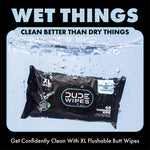 DUDE WIPES XL packet pictured under splashing water with headline 'Wet Things' and product benefits in the frame