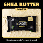 Single DUDE Wipes black pack on a textured shea butter background with headline ‘Shea Butter Smooth’