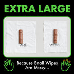 Comparison image showing two wipes laid flat with a chocolate bar on each, labeled 'DUDE WIPES' and 'Other Guys' with 'Extra Large' headline.