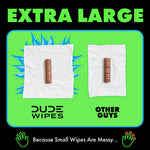 Comparison graphic showing two white wipes side-by-side on green background with a small chocolate-shaped prop on each and DUDE WIPES label.