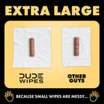 Comparison graphic showing two cloths with chocolate log on each, labeled DUDE WIPES versus OTHER GUYS and ‘Extra Large’ headline