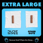 Comparison graphic showing two white cloths with chocolate-covered candy bars, labeled 'DUDE Wipes' and 'Other Guys' with 'Extra Large' heading.