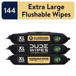 Stacked three DUDE Wipes black packs with central label showing XL wipes, brand logo and flushable wipes callouts