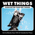 DUDE Wipes packs splashing through water on a blue background with headline 'Wet Things' and a product tagline below.