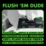 DUDE Wipes package on a bathroom counter with wipes pulled from the pop-up lid and text promoting flushable and plant-based features.