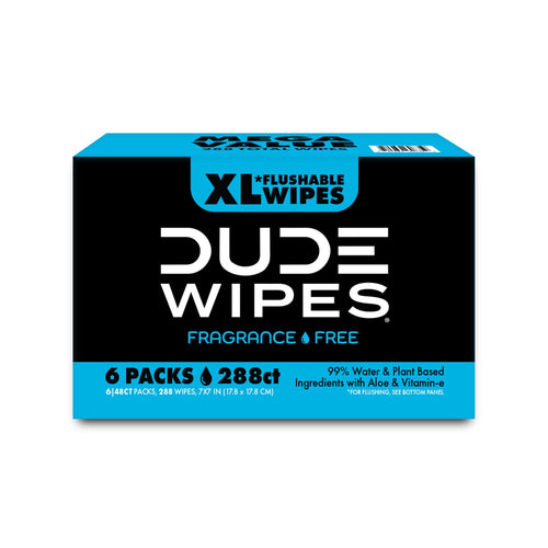 Front-facing DUDE Wipes black and blue XL flushable wipes retail box with branding and count callouts