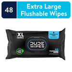 Packaged DUDE Wipes XL fragrance-free flushable wipes in black resealable pack with visible logo and XL badge