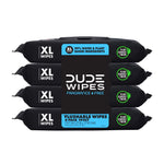 Front-facing stacked four-pack of DUDE Wipes XL fragrance free flushable wipes in black packaging