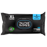 Black pack of DUDE Wipes XL flushable wipes showing central flip-top lid and plant-sourced icon