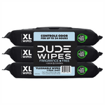 Clean studio photo of three stacked DUDE WIPES XL black packs with central label displaying brand, flushable, and plant-fiber badge