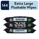 Stacked three-pack of DUDE WIPES XL flushable wipes in black packaging with large light-blue label and plant-sourced fiber badge