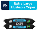 Two stacked black packs of DUDE Wipes XL flushable wipes with blue labels and '96' extra large banner above.