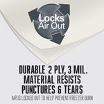 Diagram of two-ply bag layers with circular arrows and headline "Locks Air Out" plus text about durable 2 ply, 3 mil material