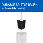 Close-up of a black durable bristle toilet brush head suspended above a white cylindrical holder with bold product text.