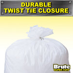 White tied trash bag with metal twist tie shown under header text declaring durable twist tie closure