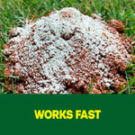 Close-up of an ant mound heavily dusted with white powder sitting in grass above a green panel that reads works fast.