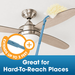 Extendable blue duster with yellow head cleaning a ceiling fan blade, infographic overlay