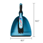 Blue dustpan and hand broom displayed front-on with dimensional measurements labeled 8.5" and 13.5"