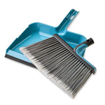 Turquoise dustpan paired with a wide gray-bristled broom head shown on a white background