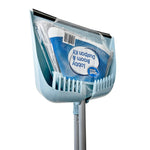 Side-angle view of a blue dustpan and broom set with the packaged broom head and visible label