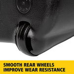 Close-up of textured black plastic dustpan housing and a smooth wheel detail emphasizing durability.