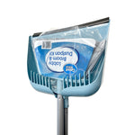 Angled close-up of a blue dustpan containing a wrapped Great Value broom head and label