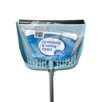 Top-down view of a blue dustpan holding a wrapped Great Value broom head with visible product label