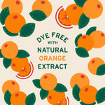 Patterned graphic of oranges with text ‘Dye Free with Natural Orange Extract’