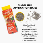Dynamite bottle tilted with close-up of granules and text listing suggested application rates for various pot sizes