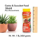 Dynamite Cactus & Succulent Food bottle next to potted succulents and a ruler, showing net weight and NPK on white background