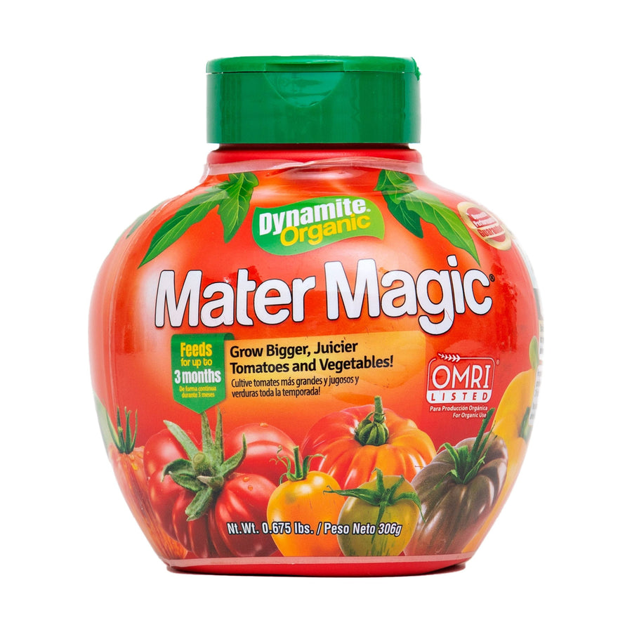 Round red jar of Dynamite Organic Mater Magic plant food with green cap and tomato graphics on label