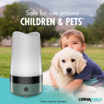 DynaShield device placed beside a child hugging a puppy with headline 'Safe for use around children & pets'