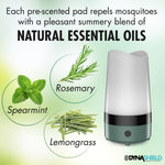 DynaShield infographic showing device and circles of spearmint, rosemary, and lemongrass labeled as natural essential oils