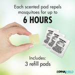 Hand holding a small scented refill pad next to three labeled DynaShield refill pouches and text about 6 hours per pad